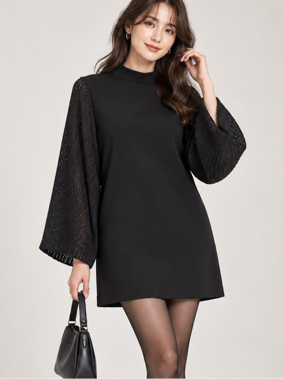 Zara Black Mock Neck Textured Long Sleeve Mini Dress Size M Gothic Romance